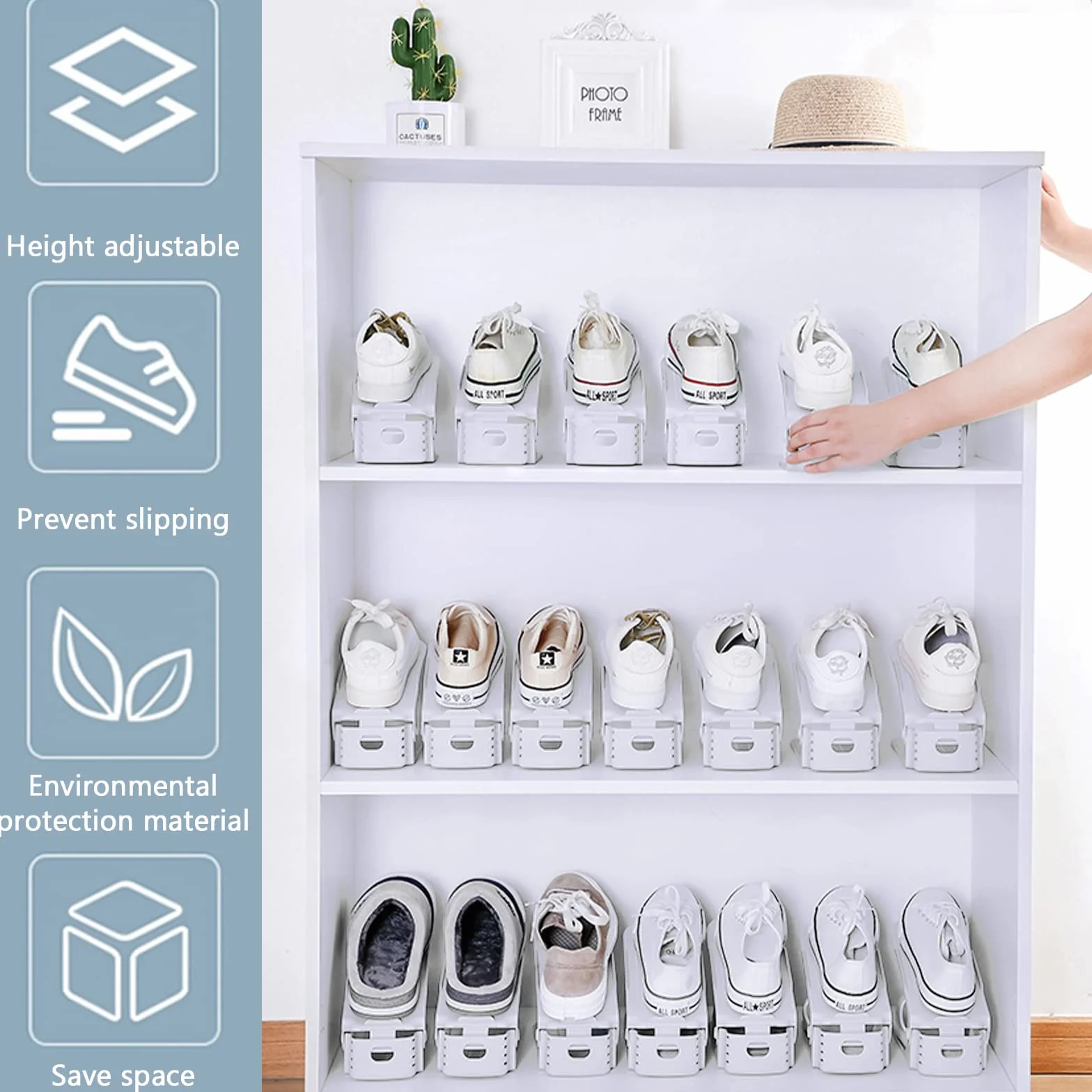 Organizadores de Zapatos 10Pcs Soporte de Calzado de Altura Ajustable Zapatos Antideslizante de Polipropileno，Zapatos Ahorra Espacio（Blanco）