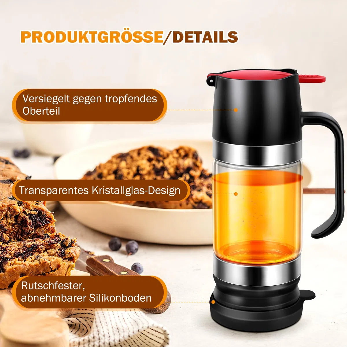 Dispensador de miel de vidrio, tarro a prueba de goteo con mango, dispensador de jarabe tipo prensa, vidrio sellado, 9 oz (266 ml)