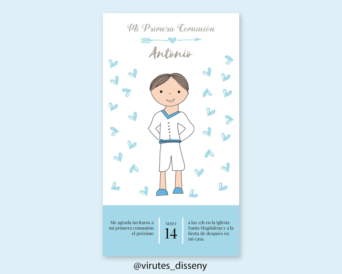 Invitación Primera Comunión Niño Digital Personalizada – Invitación Animada GIF para WhatsApp, Diseño Niño con Corazones Azules, Envío por Email 24h