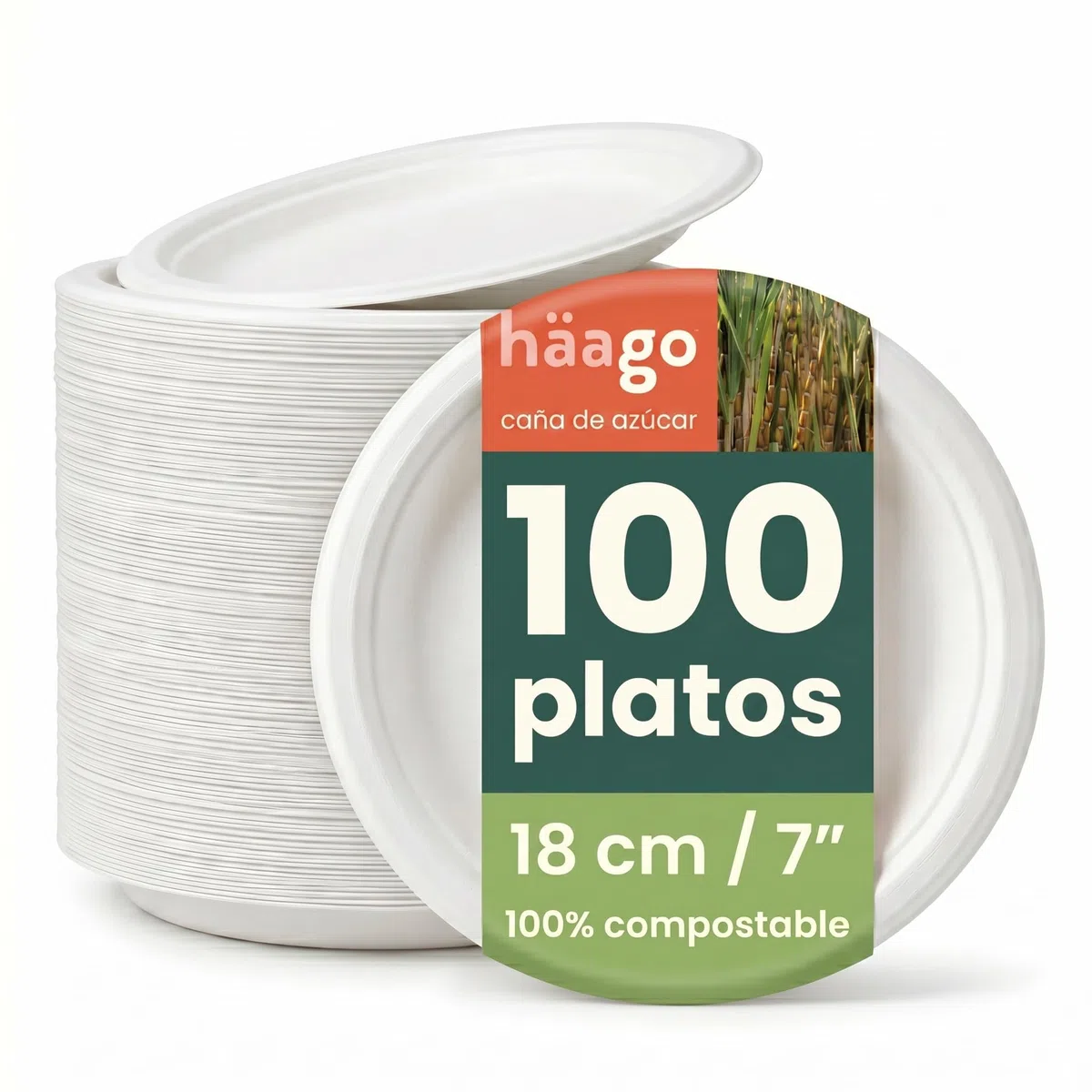 HAAGO - 100 Platos Redondos de Caña de Azúcar de 18 cm - Ecológicos y Reciclables, Ideales para Fiestas y Eventos de Grupo