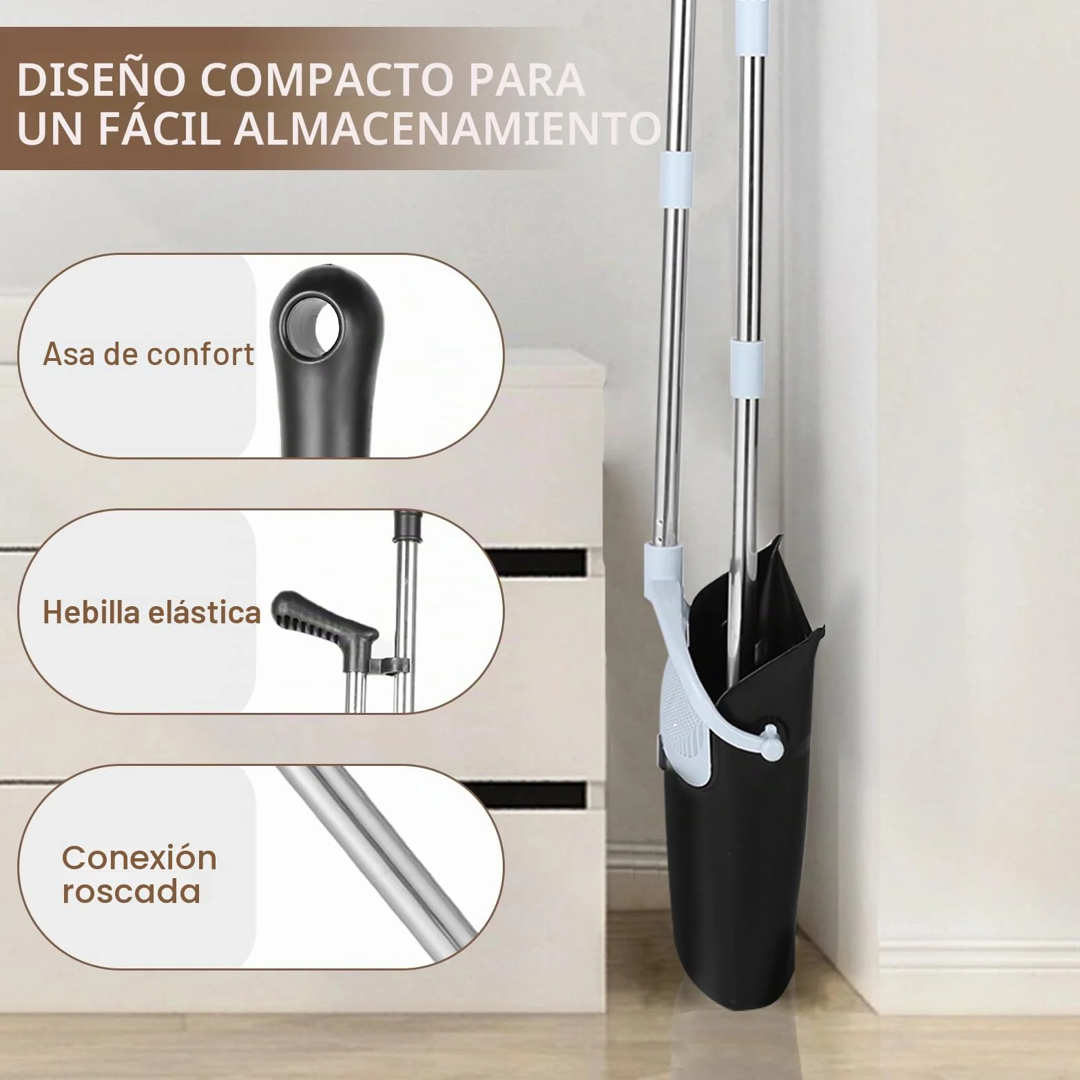 Escoba y Recogedor Plegable 138 cm Plástico Acero Inoxidable Mango Telescópico 8 Piezas Negro Blanco