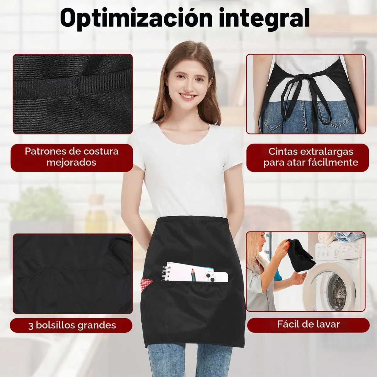 6 Pcs Delantale Cintura, Delantal de Camarero con 3 Bolsillo, Delantale Corto para Chef Restaurante Bar Jardinería
