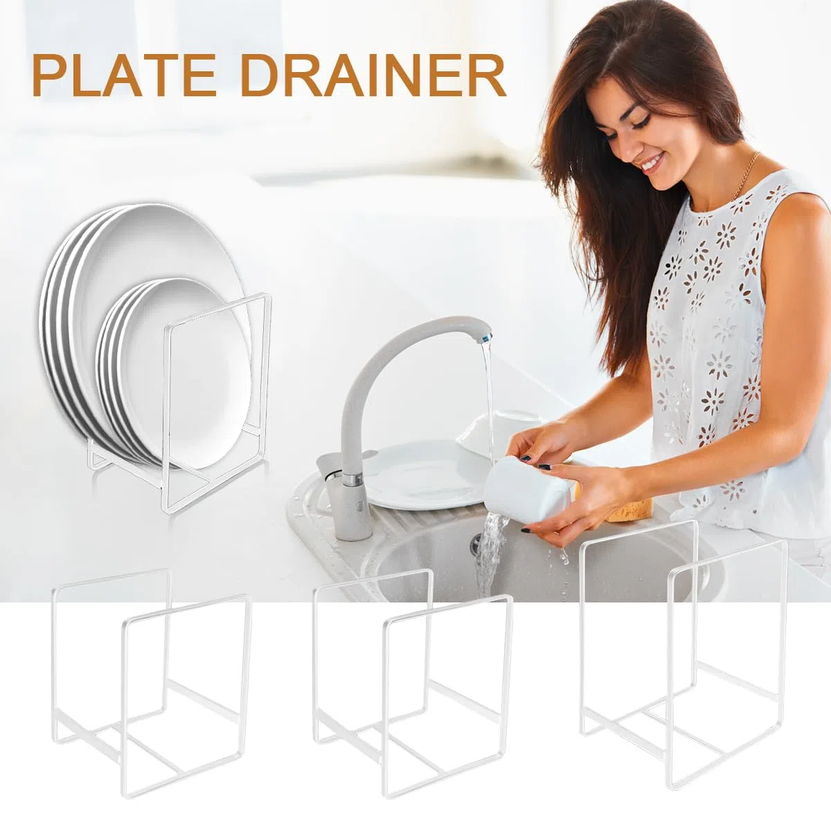 3 PCS Organizador Platos Armario Cocina, Metal Soporte Platos, Plateros de Cocina, Soporte para Platos Upright, Plateros de Cocina Mueble, Organizadores de Cocina (white)