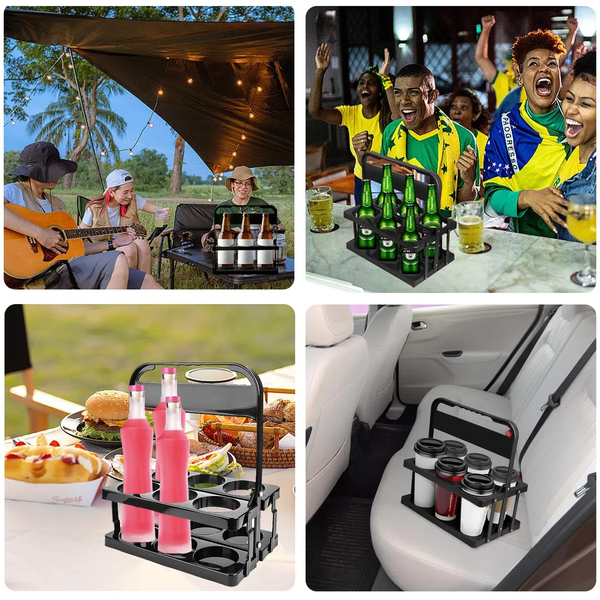 Portabotellas para 6 botellas, cesta plegable de polipropileno negro, soporte para cerveza y bebidas, 24 x 15.5 x 29.5 cm, ideal para fiestas, KTV, bares y conductor de entrega