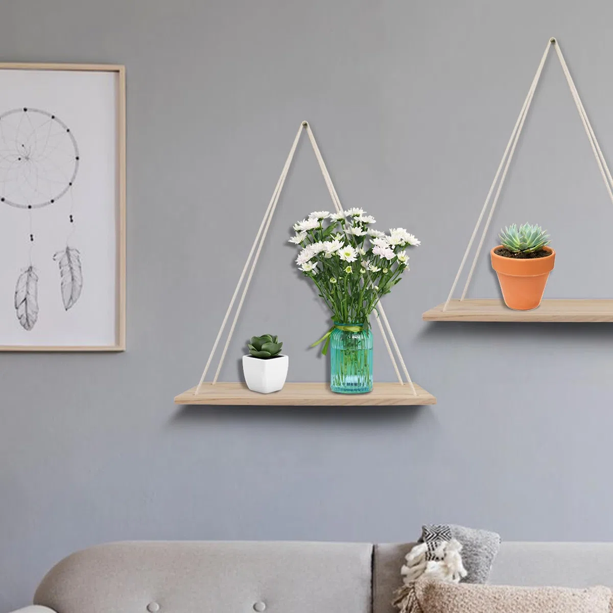 YIYA 2pcs Estante Colgante de Madera Estantes Flotantes de Madera con Cuerda Boho Decor para Salas Decoración Pared de Estar, Dormitorio, Oficina,de Baño Decoración de Plantas Pequeñas