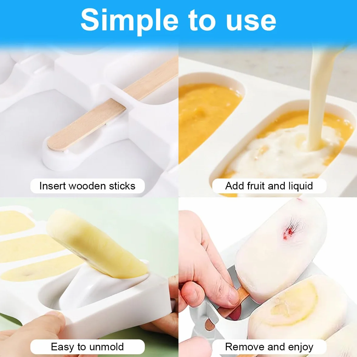 3 Juegos Moldes para palitos de helado, 4 cavidades de molde, Molde Helado Silicona sin BPA, Moldes Paletas, con 100 palitos, 100 bolsas OPP, 100 bridas para cables, 100 pegatinas