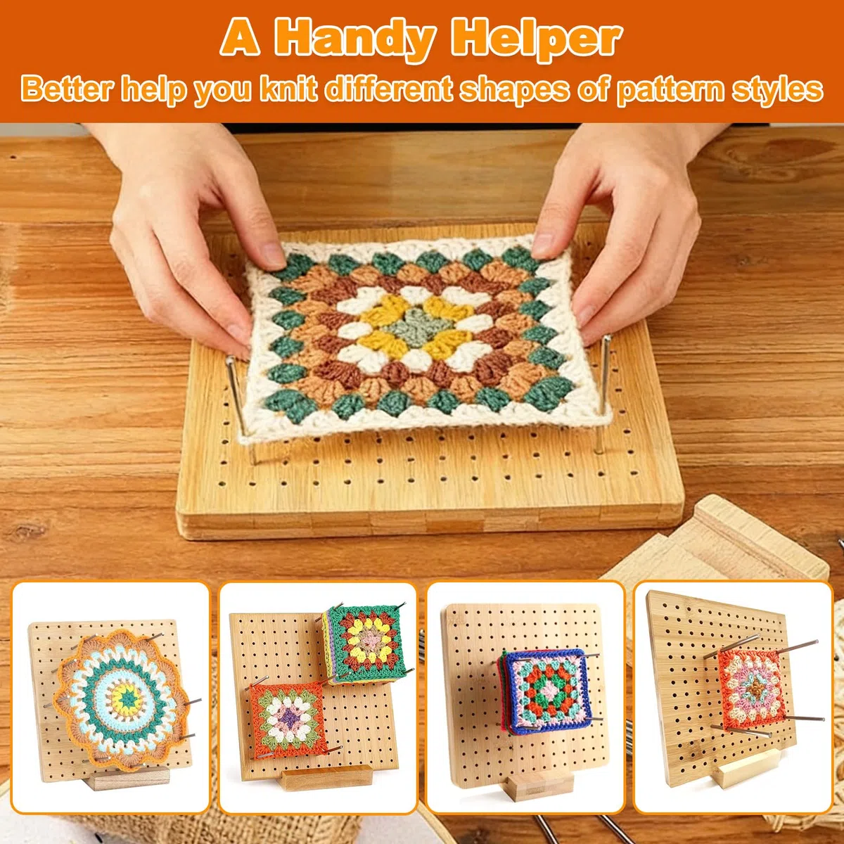 Kit Bloqueador Crochet con 20 Barras Acero Inoxidable, 1 Base Soporte y 5 Agujas Ojos Grandes, Tabla Bloqueo Ganchillo Madera Bambú, Tablero Bloqueo Cuadrado para Proyectos Punto Hechos Mano (20x20cm)
