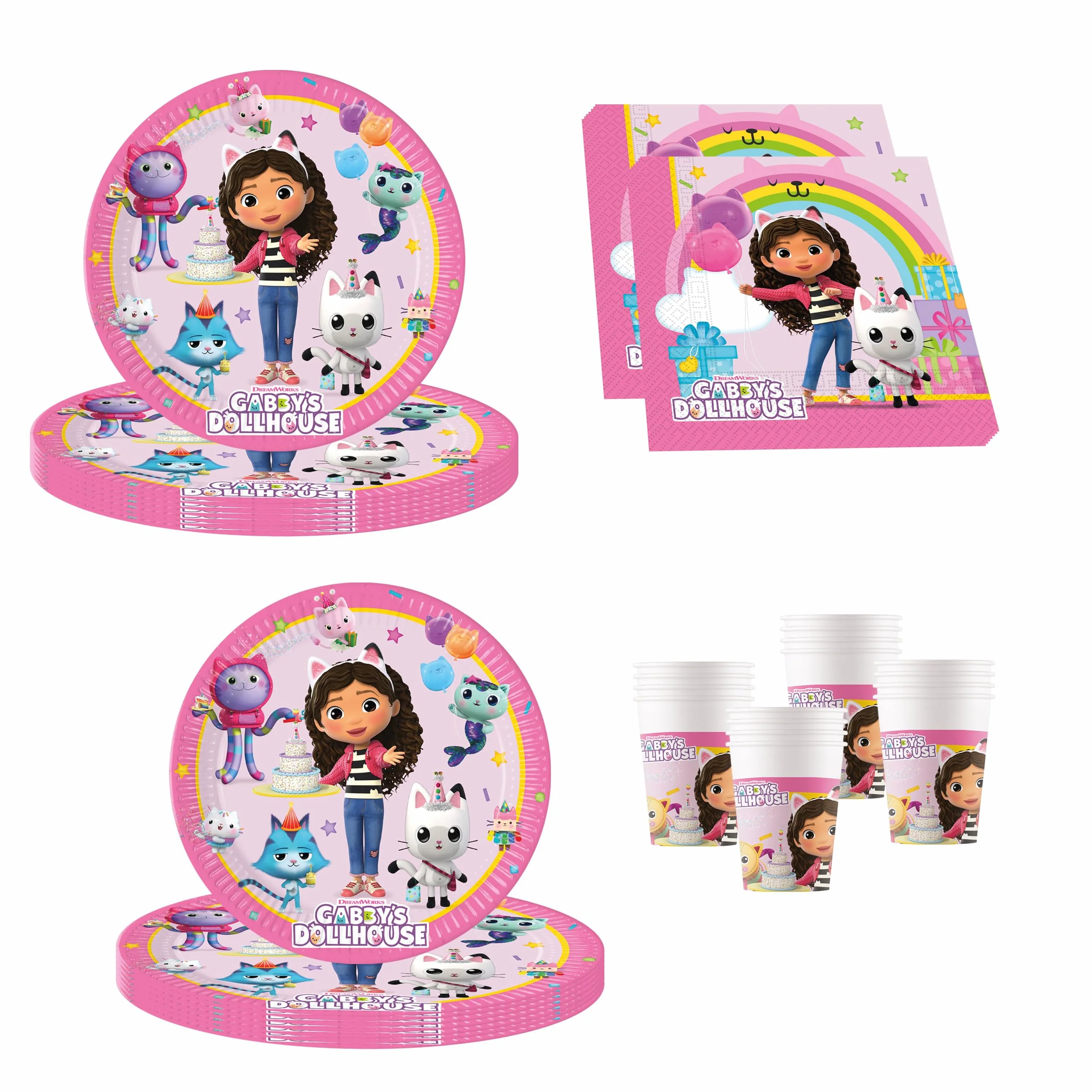 Procos PRO10245291DY - Set de fiesta S Gabby's Dollhouse, set de 52 piezas, platos, vasos, servilletas, vajilla desechable, juego de vajilla