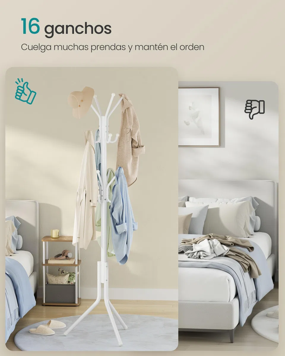SONGMICS Perchero, Burro de Ropa de Metal, Perchero para Ropa, Bolsos y Sombreros, Altura 175 cm, con 16 Ganchos, para Recibidor, Salón y Dormitorio, Blanco Nube RCR081WC01