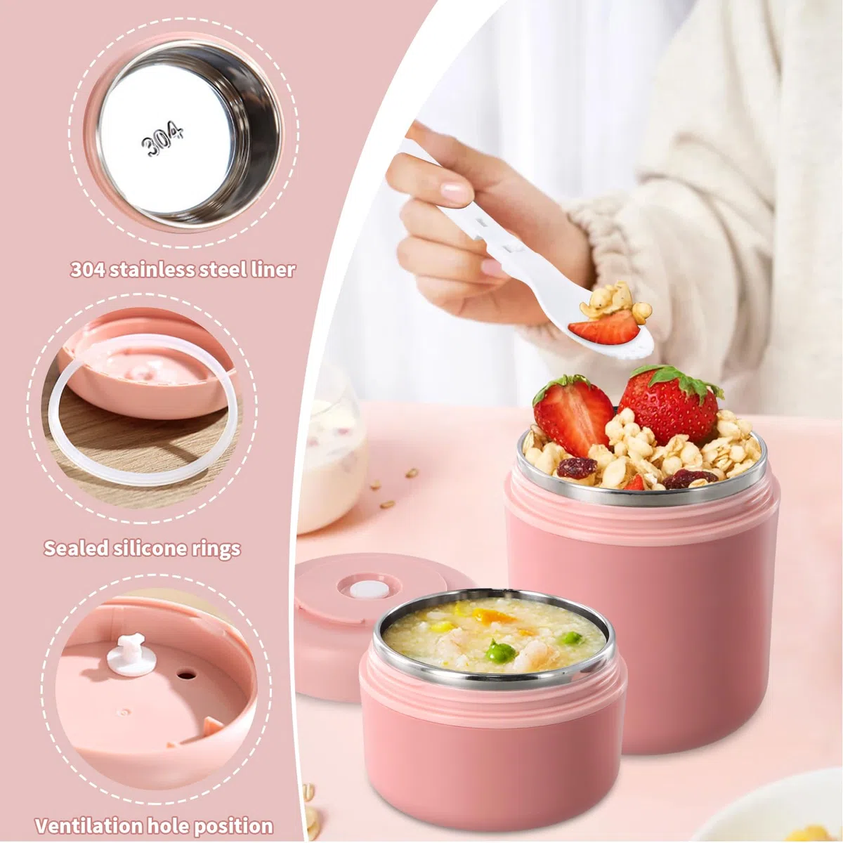 Termo para Comida, 530ml+290ml Termo Comida Caliente Acero Inoxidable, Taza de Cereales para Llevar de Doble Capa, Frasco Contenedor Térmico con Cuchara Para Trabajo, Escuela (Rosa)
