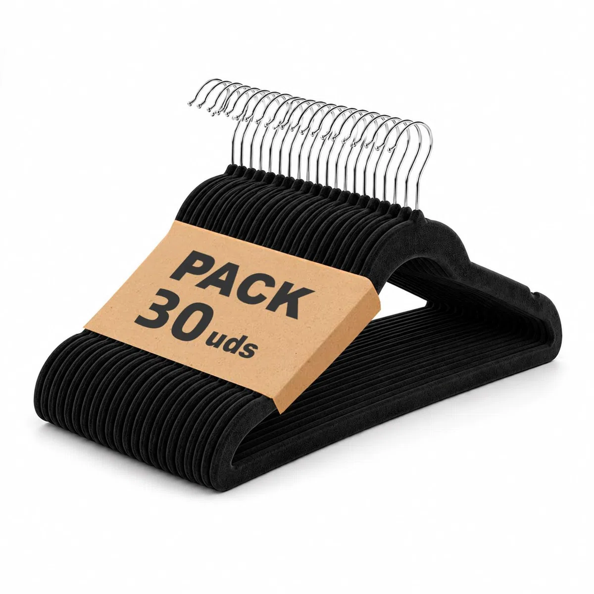 MERCURY TEXTIL- Perchas de Terciopelo Antideslizantes con Ranura y Barra para Pantalones, Perchas Finas con Gancho Giratorio 360, Resistente y Ergonómica (Negro, 30 Unidades)