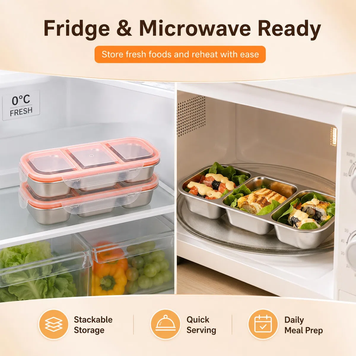Pack de 2 cajas para snacks con 3 compartimentos, inox 600 ml, tapa antifugas, apta lavavajillas. Para niños, colegio, oficina, camping, fruta, ensalada, aperitivos