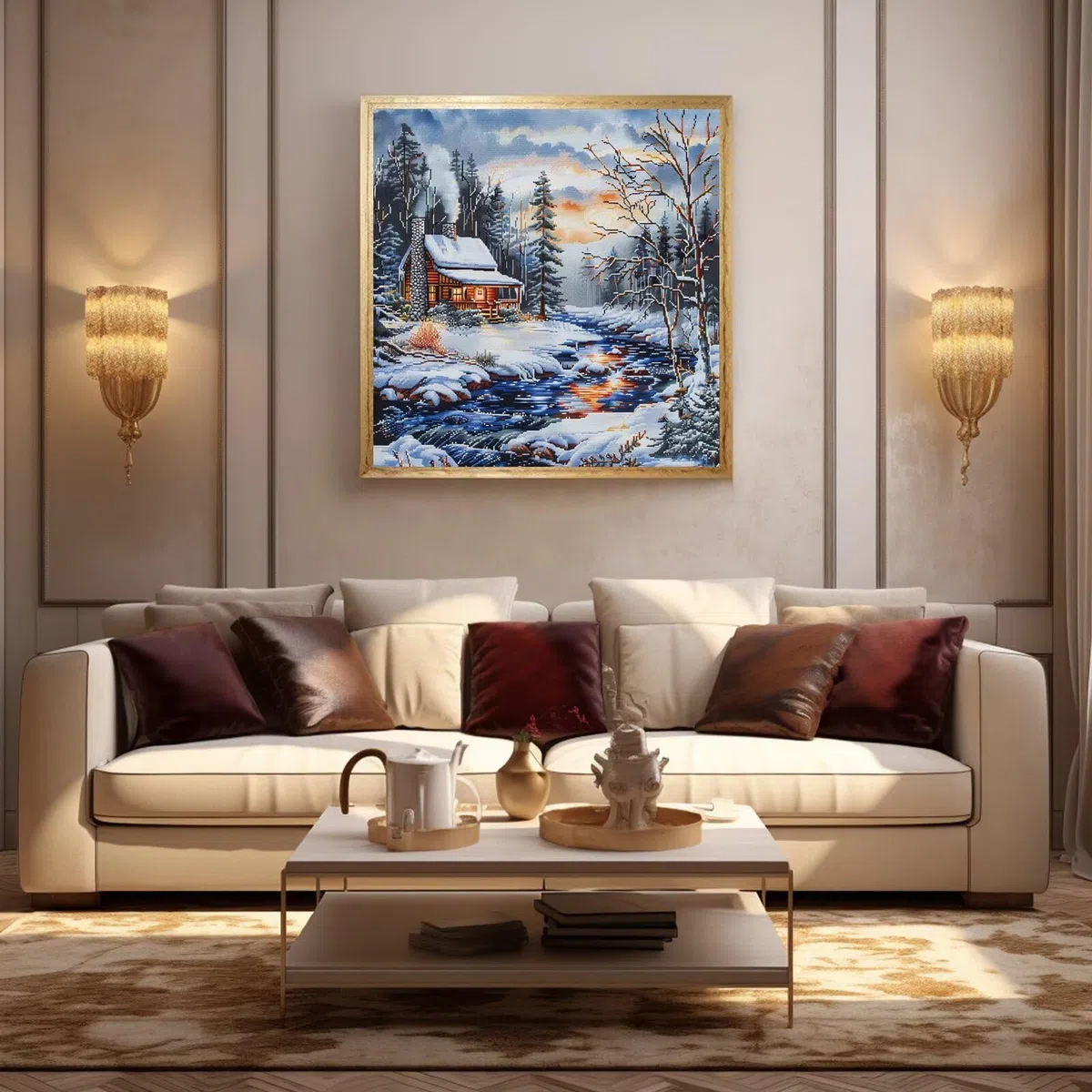 Xinpinzhou Kit Punto de Cruz con Hilos y Tela Impresa Completo 40x40 cm | Patrones Paisaje Nevado 11 Cuadros, Esquemas de Bordado Principiantes, Manualidades DIY para Decoracion Hogar o Regalo Madre