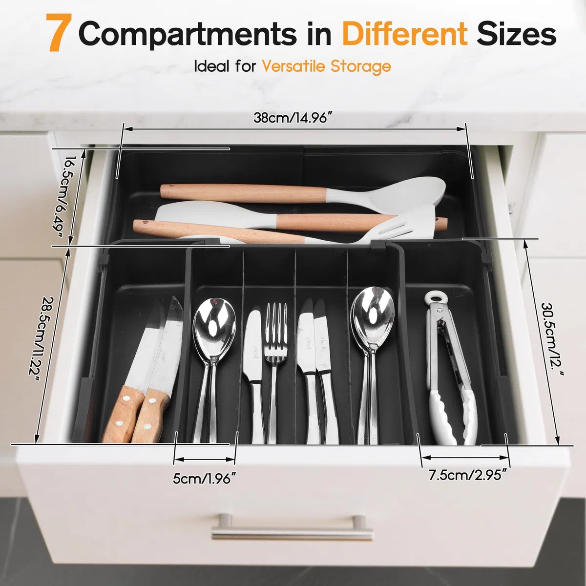 Euqvunn Cuberteros para Cajon Cocina Multidireccional Expandible, Organizador Cubiertos con 4-7 Compartimentos, Ideal para Almacenar Utensilios y Herramientas de Cocina en el Cajón