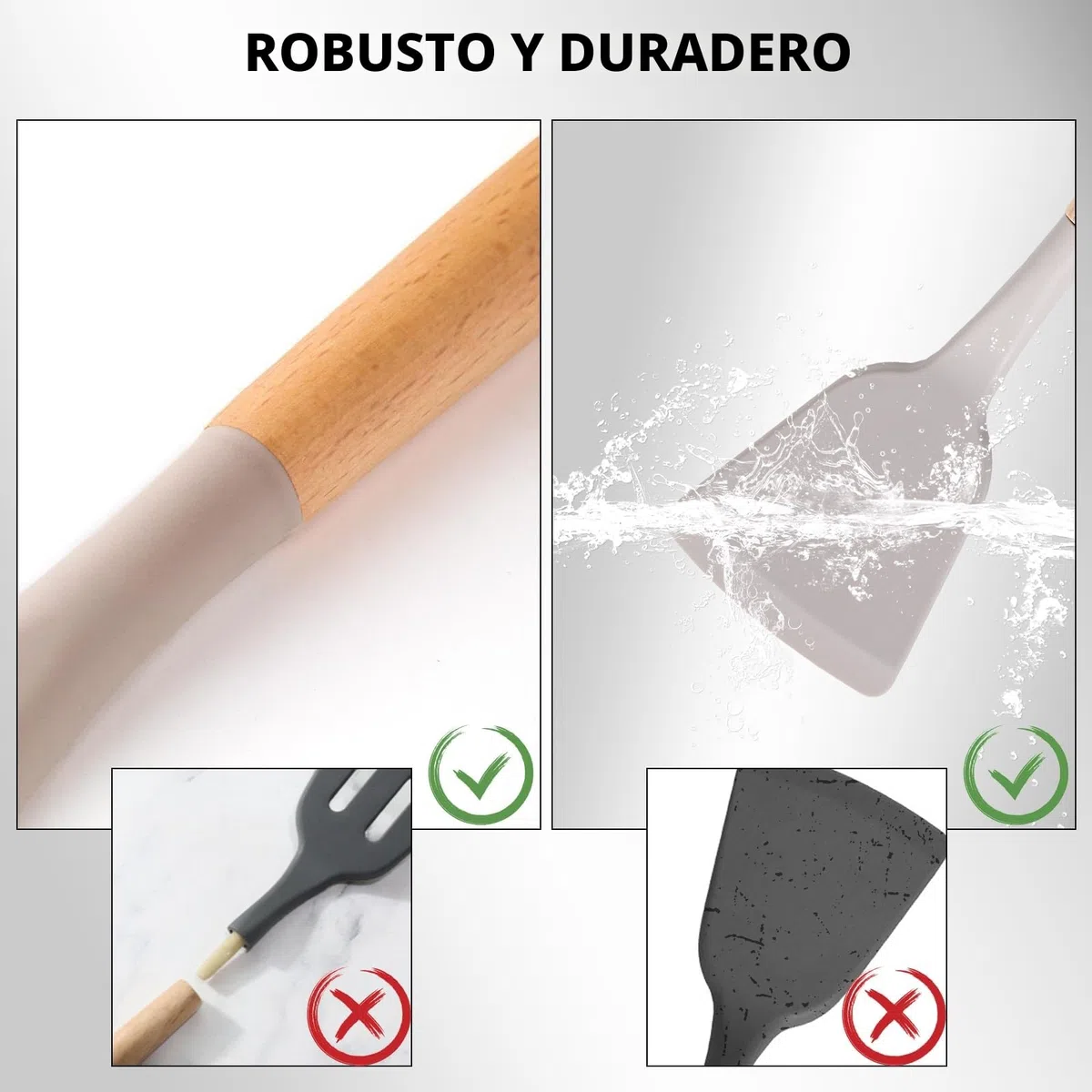 12 Piezas Juego de Utensilios de Cocina de Silicona, Fabricado en Silicona y Mangos de Madera, Resistente al Calor Antiadherente, Utensilios Cocina Apto para Todas Las Ollas y Sartenes