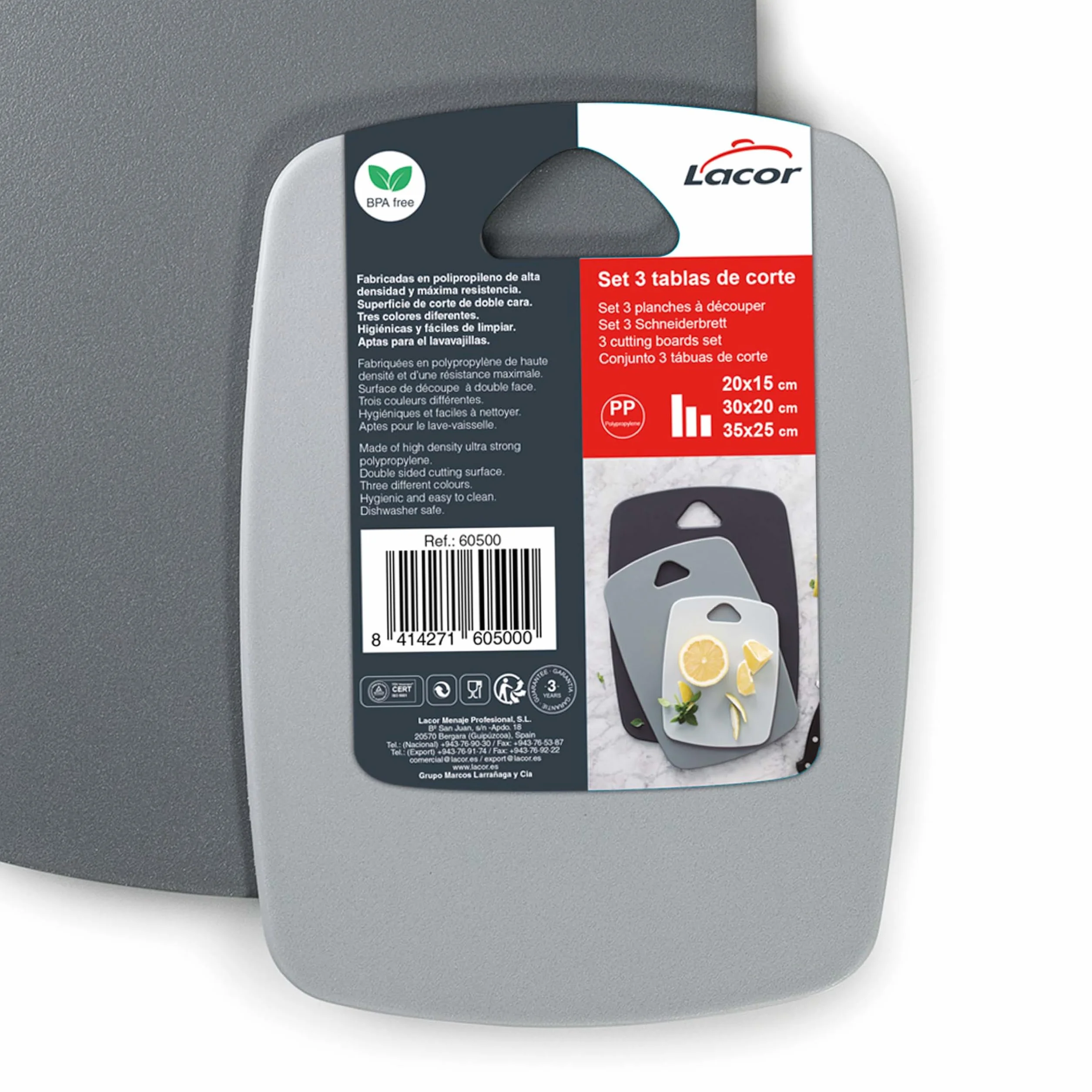 Lacor - 60500 - Set 3 Tablas de Corte a Doble Cara, Polipropileno, Libre de BPA, Ligeras, Resistentes, Aptas para Lavavajillas, Antibacterianas, Higiénicas, 20x15, 30x20 y 35x25 cm