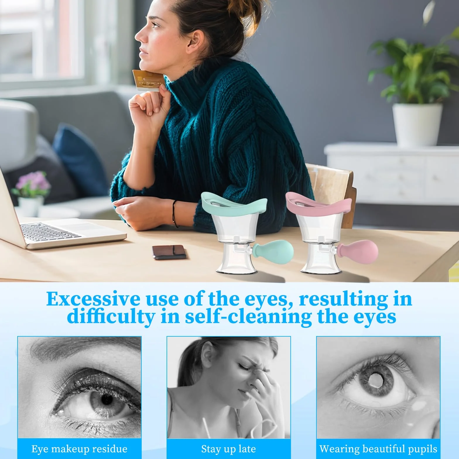 Tazas de Ojos Reutilizables Portátiles, 2 Piezas Taza de Lavado de Ojos, Vasos Lavaojos de Silicona, Copas de Lavado de Ojos, Baño Lavaojos, Manual Presión de Aire Limpieza de Ojos, (Azul, Rosa)