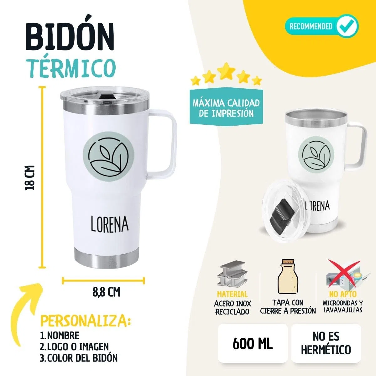 DEREGALOOS Taza Térmica Personalizable con Foto y Nombre. Termo Personalizado. Acero Inoxidable Reciclado. Doble Pared 600ml. Regalo para Pareja, Amigos. Ideal para Oficina, Gimnasio (Blanco)