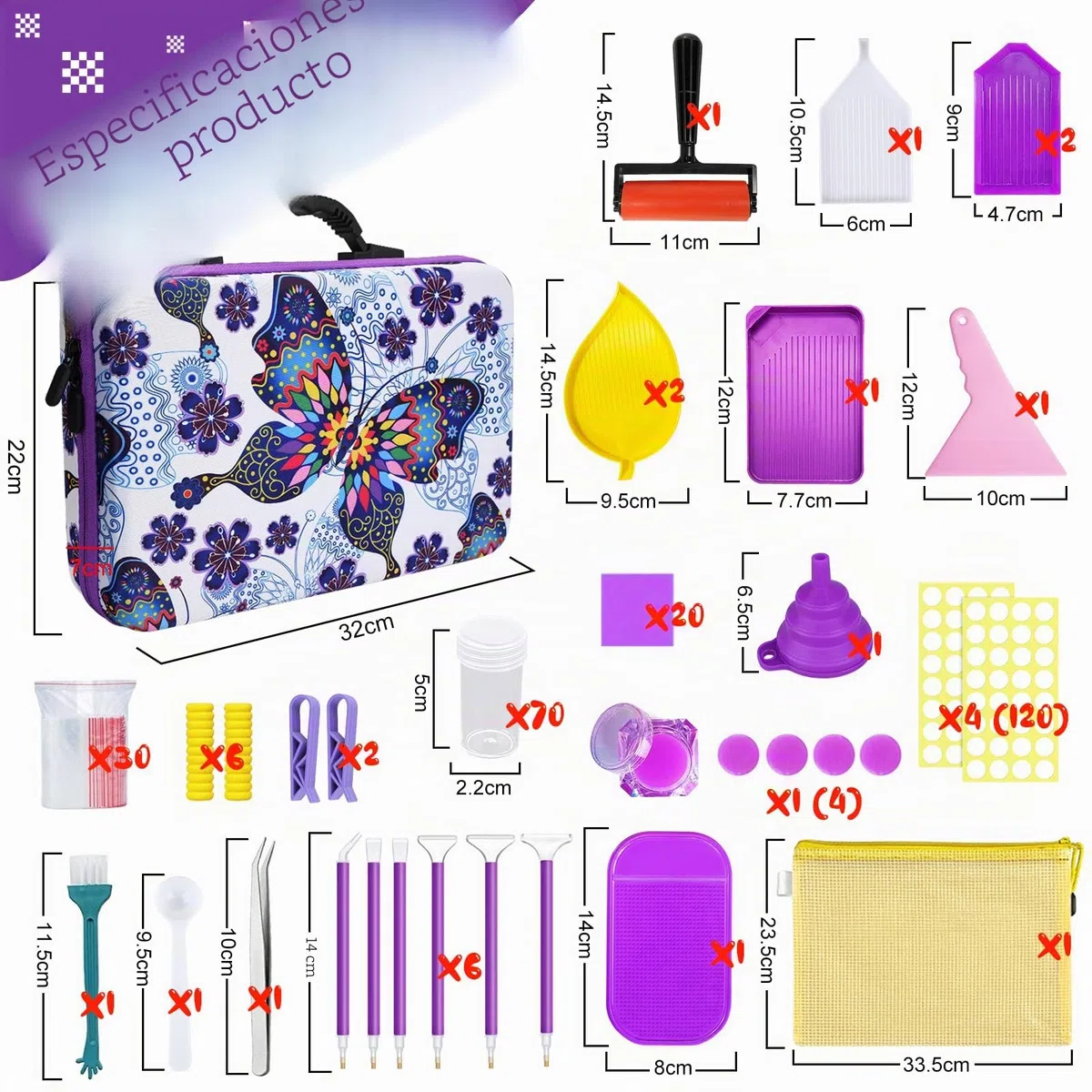 Herramientas de bordado con diamantes, 132 piezas, con 60 cajas de almacenamiento y rodillo de pintura de diamante, para adultos o niños
