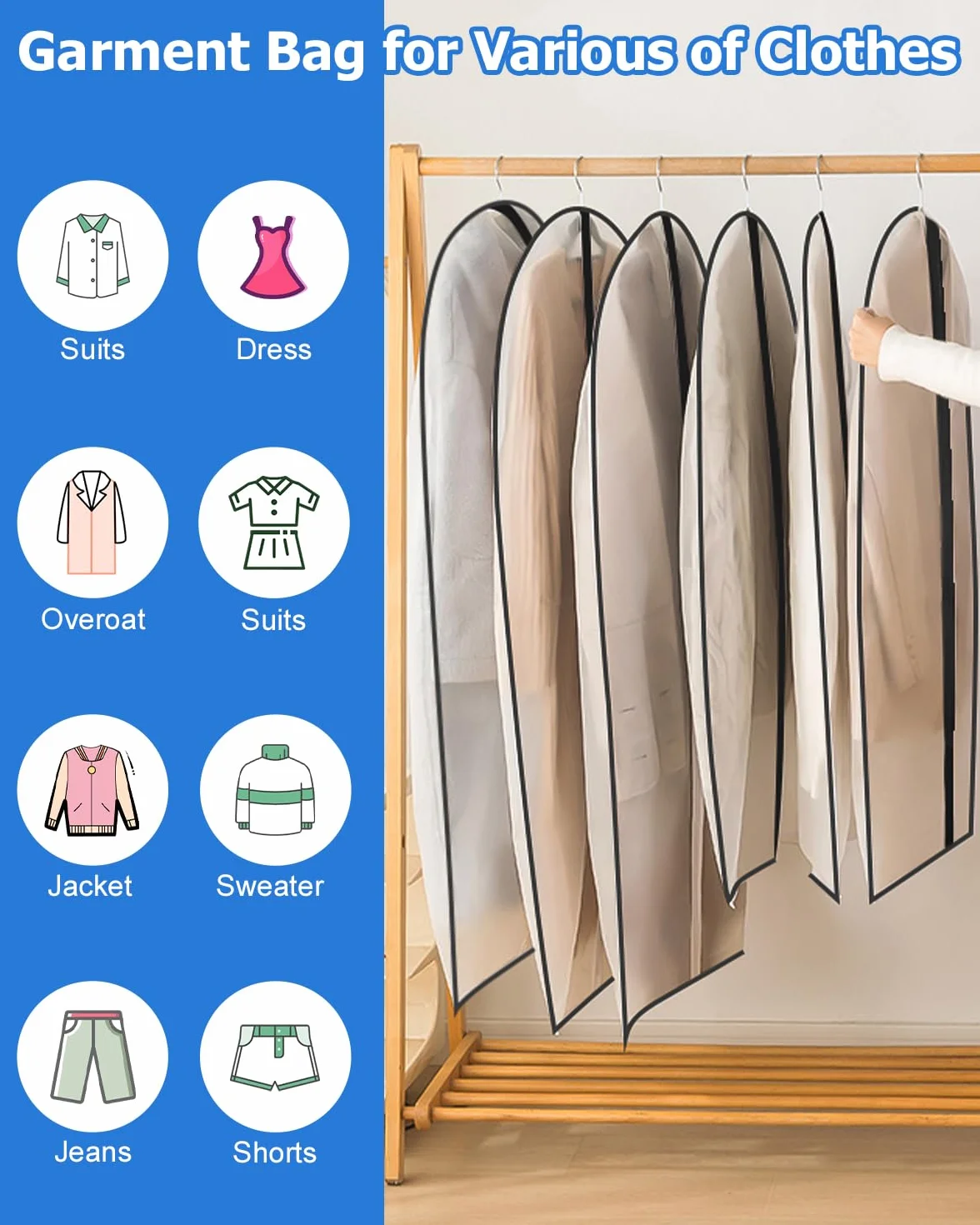 12 Fundas de Ropa, Fundas Ropa Armario Transparente 60 x 120/100/80 cm, Bolsas Guardar Ropa Antipolvo Impermeable Camisas, Bolsa de Ropa para Traje, Vestidos, Camisas,Noche, Negro