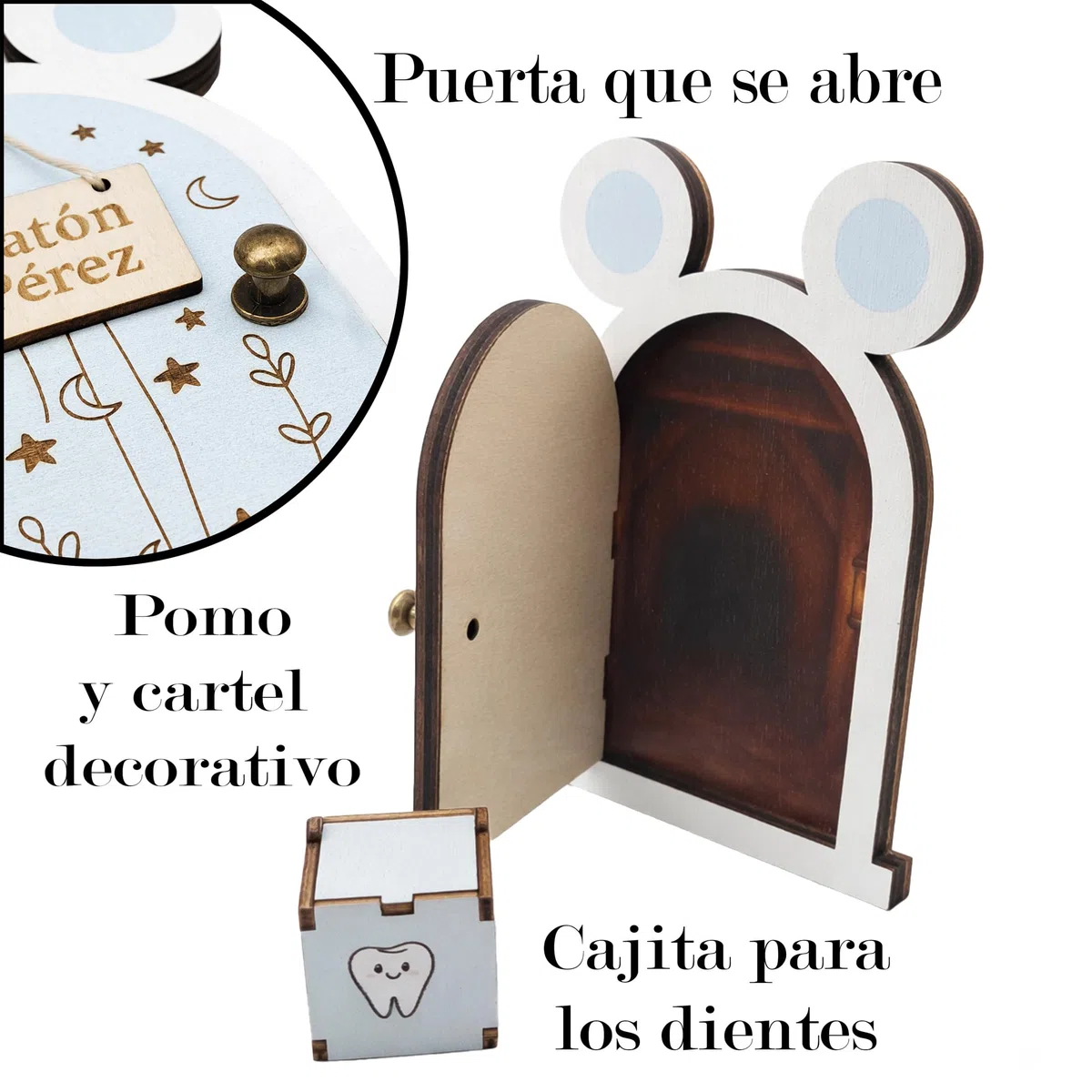 Zaldun-Puerta Ratoncito Pérez – Casita Ratoncito Pérez de Madera | Caja para Dejar Dientes,Escalera, certificados y Moneda - Se Abre la Puerta. (Azul)