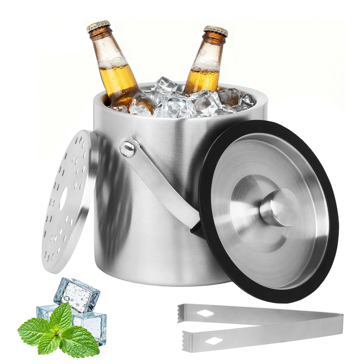 1.6 L Cubiteras Acero Inoxidable, Cubitera Hielo con Tapa, Pinzas y Rejilla de Goteo,Cubiteras para Hielo con Tapa para Fiestas,Cerveza,Cócteles,Vino Frío
