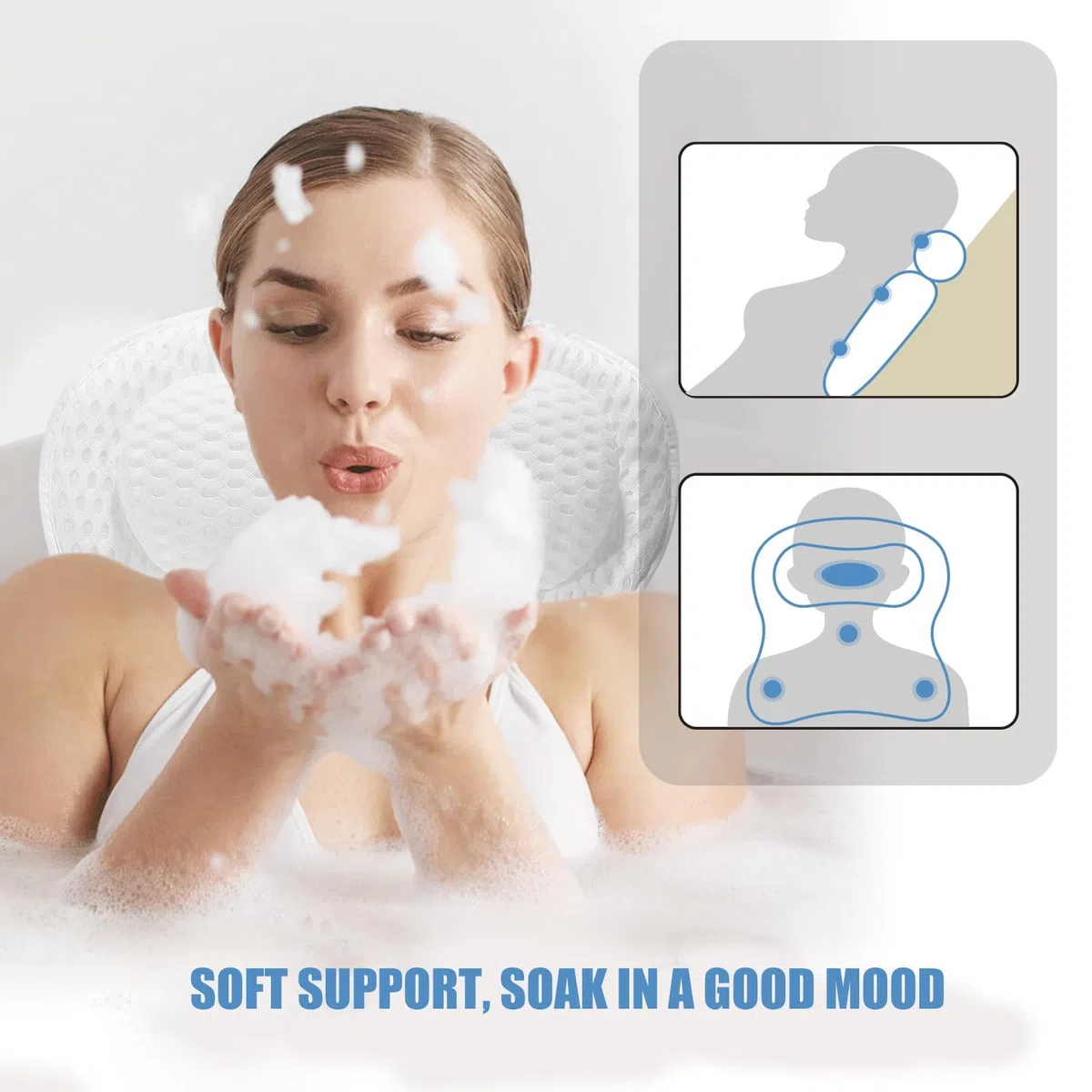 Almohada Bañera Antideslizante de Espuma Viscoelástica para Adultos con 6 Ventosas y Tejido de Malla 4D