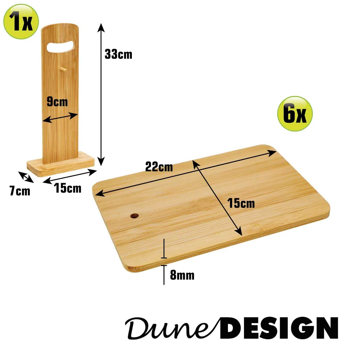 DuneDesign Juego de 6: Tabla de Cortar con Soporte - 22x15 Platos para Tapas de Bar - Tabla para Quesos y Aperitivos Bandeja de Bambu Tabla Corte Madera - Tabla Cocina Pequeña Bandejas Servir