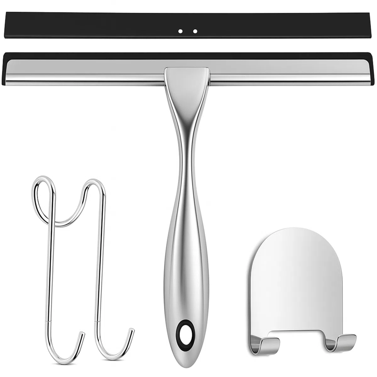 SURFOU Limpiacristales de Ducha 25 cm con 2 Ganchos, Acero Inoxidable,Limpia Cristales, Sin Marcas de Agua, Autoadhesivo, Instalación Fácil Sin Taladro, Ideal para Baño y Cocina, Accesorios de Baño