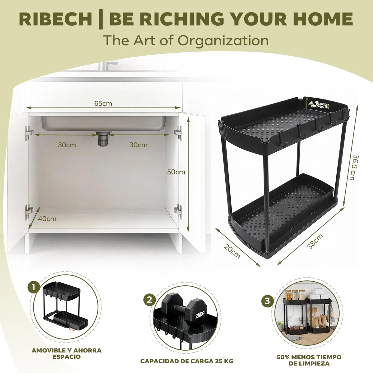 Organizador bajo Fregadero 2 Niveles con Cajón Extraíble – Sin Herramientas Estante con 4 Ganchos, para Baño & Cocina, Negro