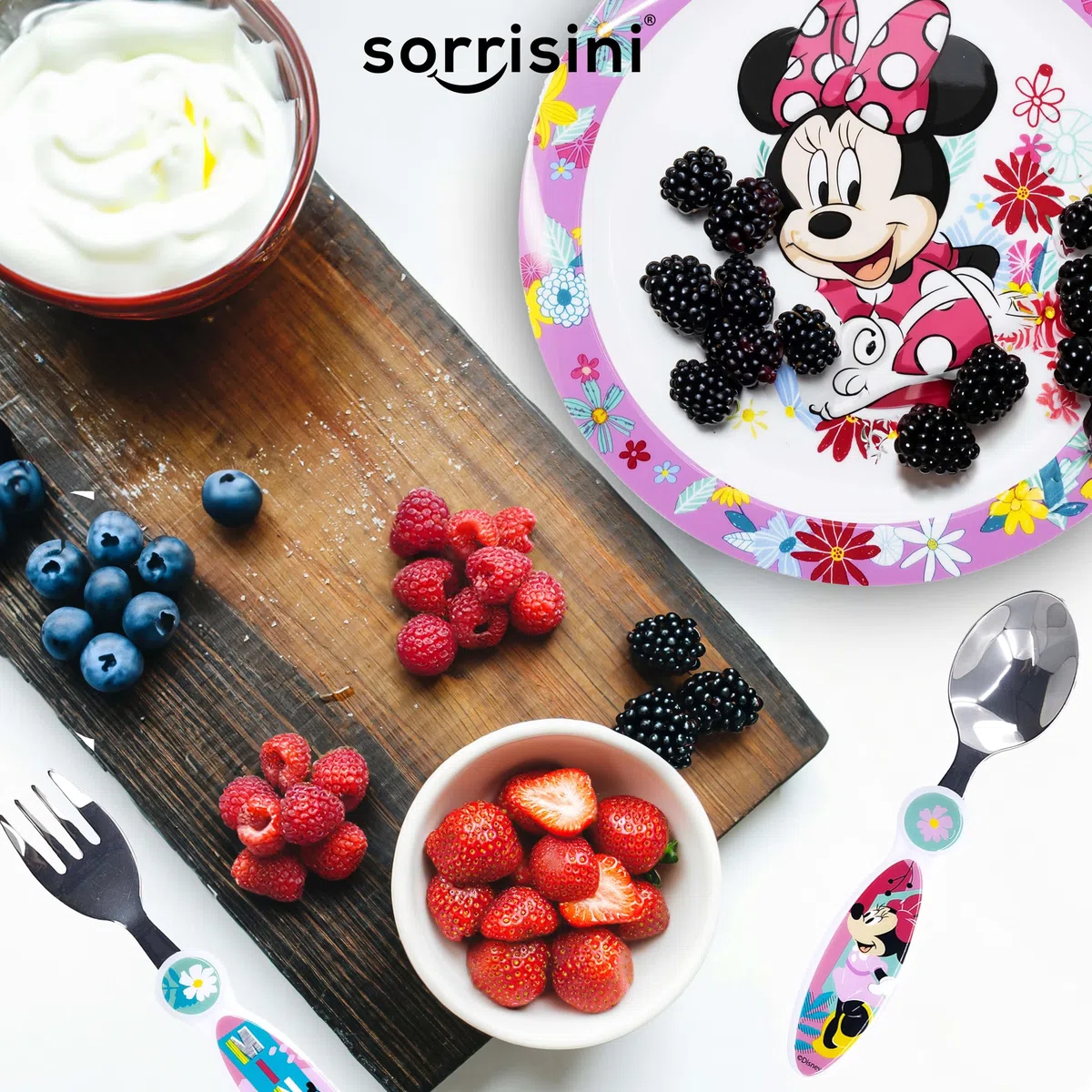 Vajilla Infantil Reutilizable Apta Para Microondas Para Niños Minnie Mouse, Juego de Desayuno para la Primera Comida Cubiertos, Tenedor, Cuchara de Acero Inoxidable y Plato, sin BPA