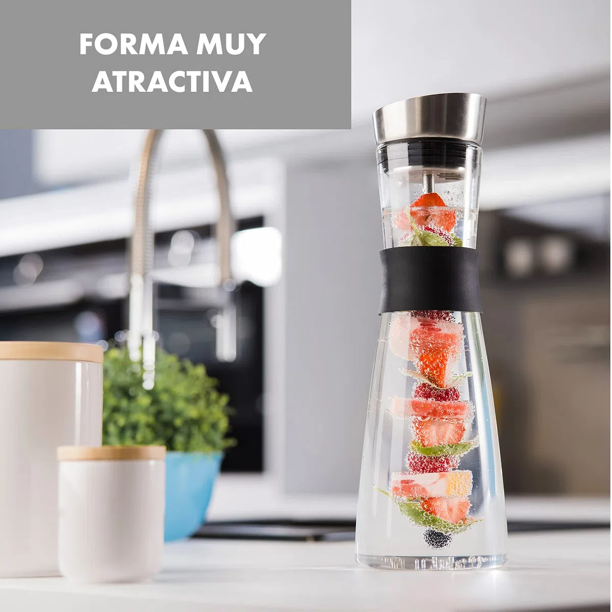Jarra Agua Cristal (1L), Brocheta de Fruta con Tapón Extraíble, Tapa de Acero Inoxidable, Jarra de Agua de Vidrio Borosilicato, Asa Silicona, Apta lavavajillas, Libre de BPA