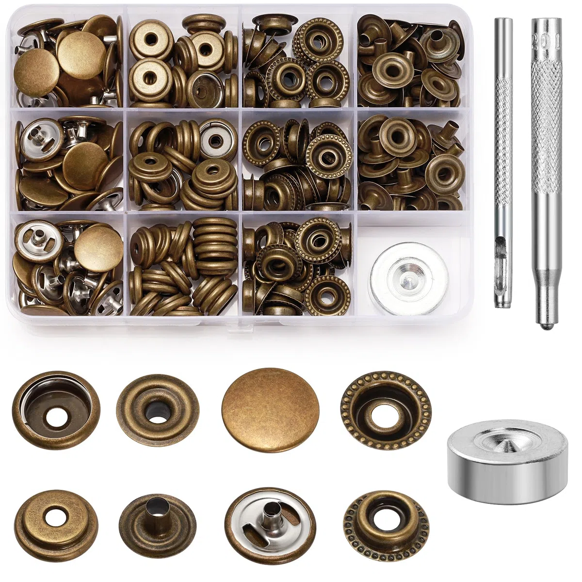 Amentalove 260Pcs Corchetes de Presion Metalicos,15mm Botones de Presion, Botones a Presion, Kit Cierre a Presión con 3 Herramientas, Corchetes de Presion Metalicos para Bolsos Jeans Ropa Tela