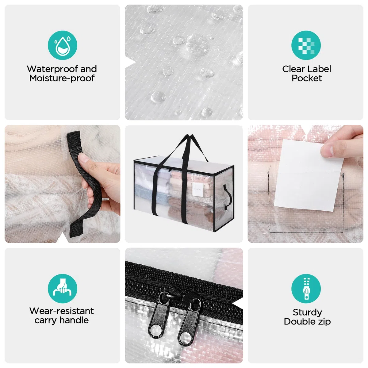 AiQInu 2 Piezas Bolsa Almacenaje 72 L, Impermeable Bolsas Mudanza Grandes Cremallera y Asa, Transparente Bolsa de Almacenamiento Ropa, Cajas Ordenacion Armario para Guardar Ropa Edredones