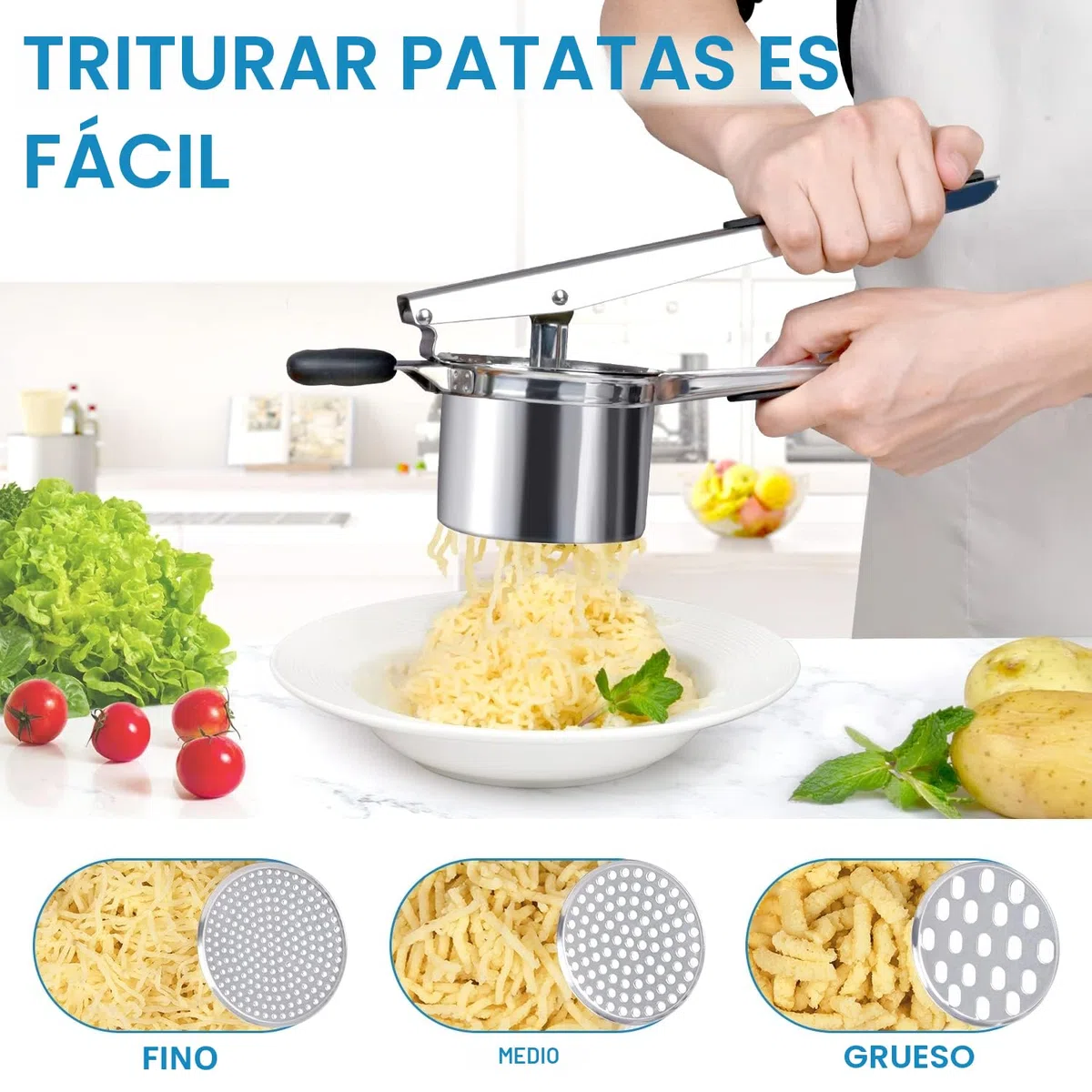 Exprimidor de patatas Sopito con 3 coladores intercambiables, prensador de patatas de acero inoxidable para puré de patatas, puré de verduras, zumos de frutas y receta de alimentos