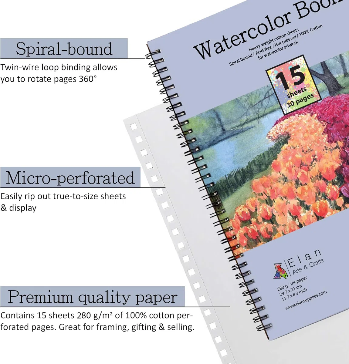 Elan cuaderno de bocetos de acuarela A4, 15 hojas/30 páginas de 280 g/m², papel de acuarela 100% algodón, encuadernado en espiral
