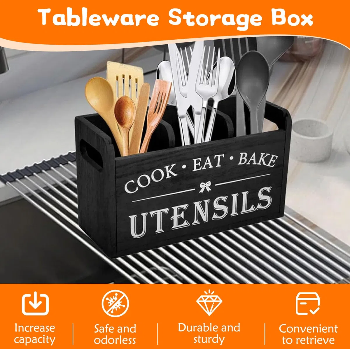 Soporte Utensilios Cocina con 3 Compartimentos & Parte Inferior Drenaje, Bote Organizador de Cocina Madera, Almacenamiento Cubiertos Granja para Decoración Encimera, Herramientas, Cucharas, Espátulas