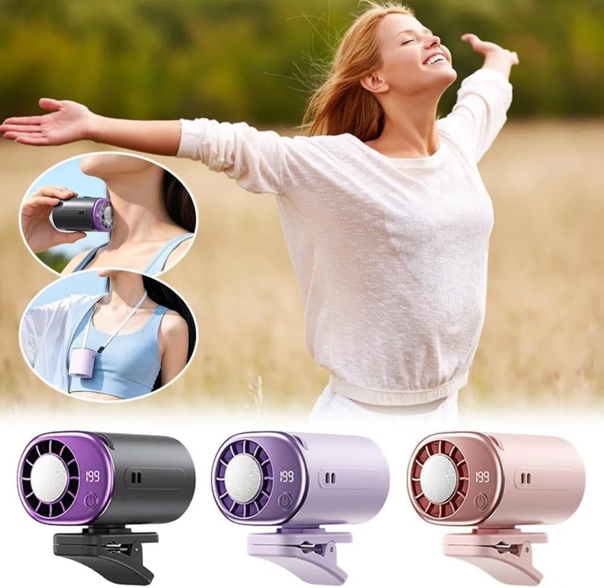 Acondicionador de aire con clip para coche, ventilador portátil 2026 con clip y pantalla LED, 199 velocidades ajustables, rotación de 360°, recargable por USB, batería de 2000mAh, ventiladores de