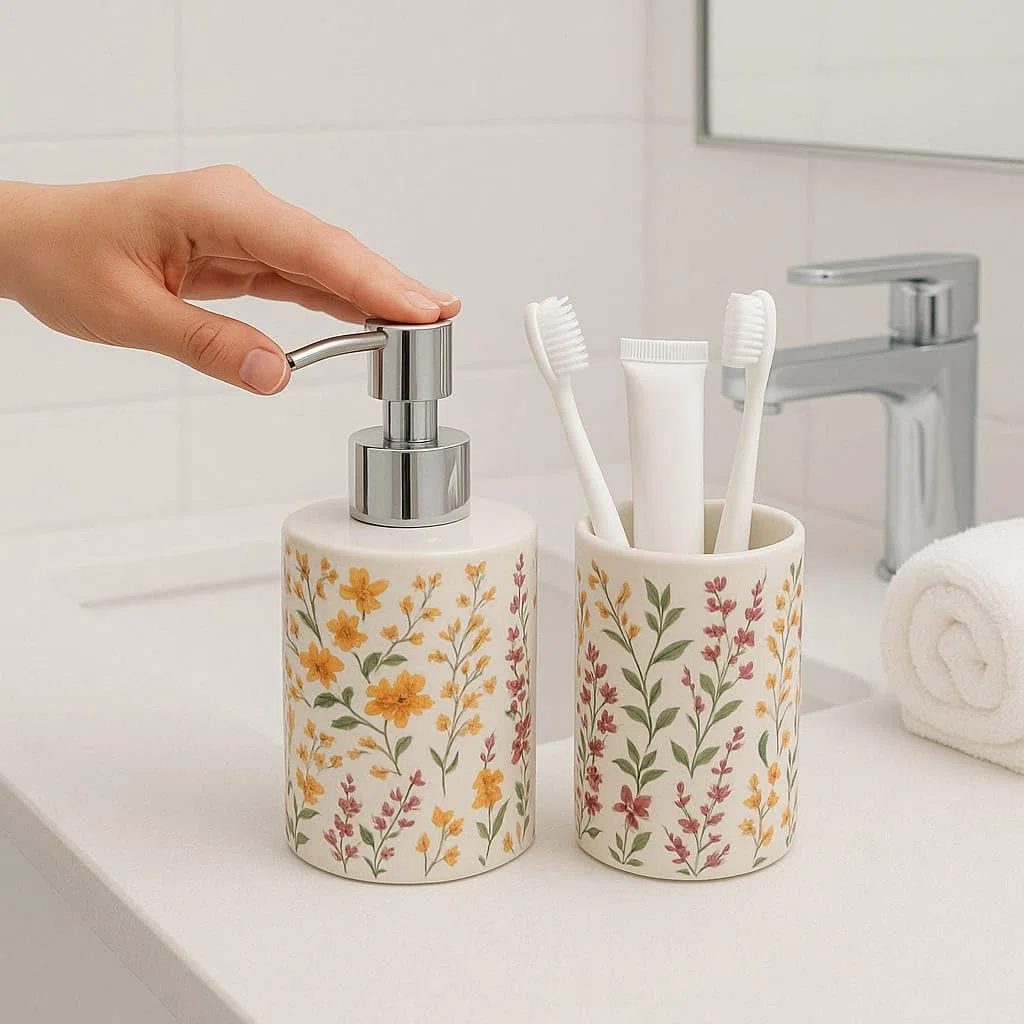 Juego de Baño Dispensador Jabon y Vaso de Baño Flores
