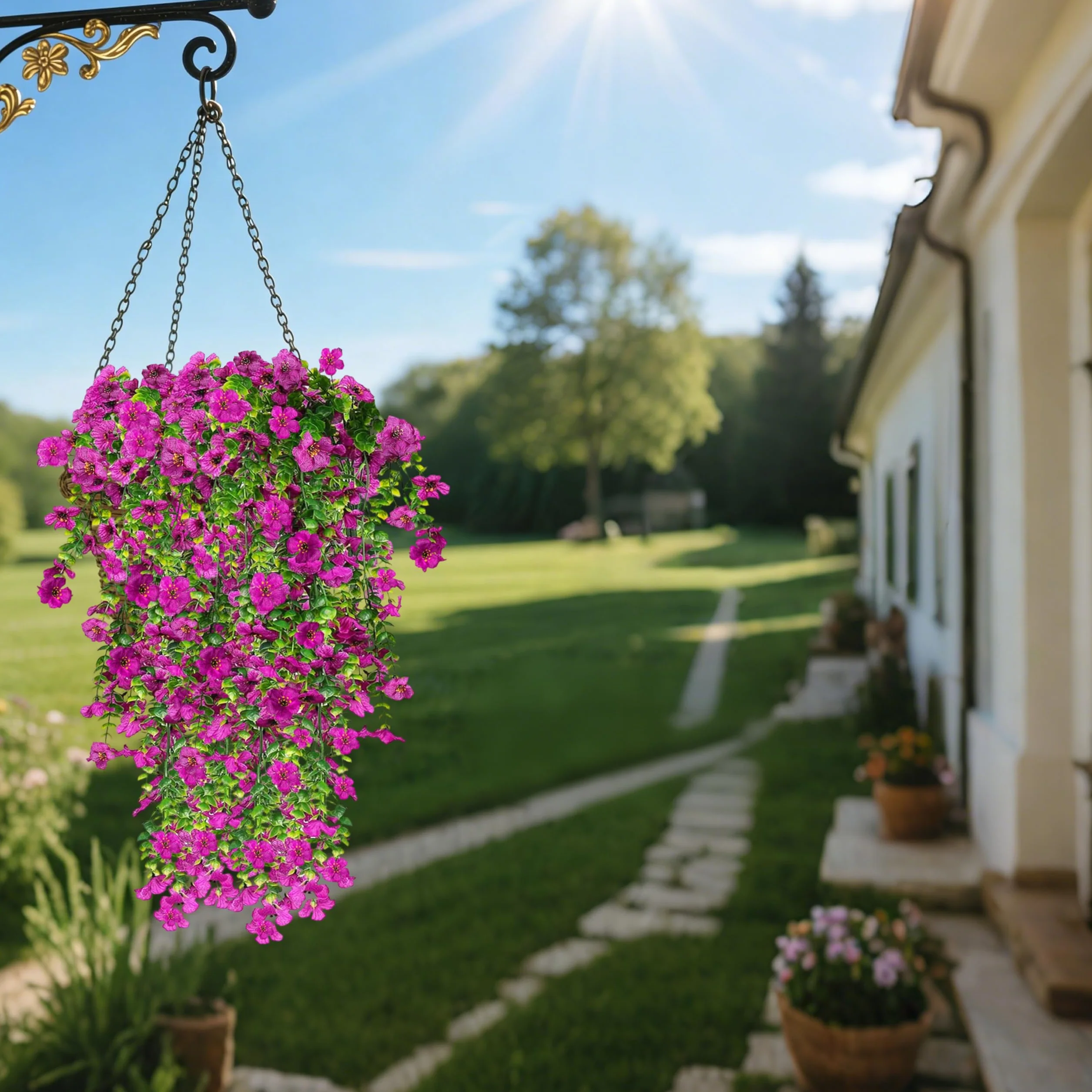 4 Piezas de Flores Artificiales Colgantes Exteriores, 77cm A Los Rayos UV Resistentes Artificiales Plantas para Jardines, Balcones, Patio, Paredes, Inicio Cocina Decoración (Morado)