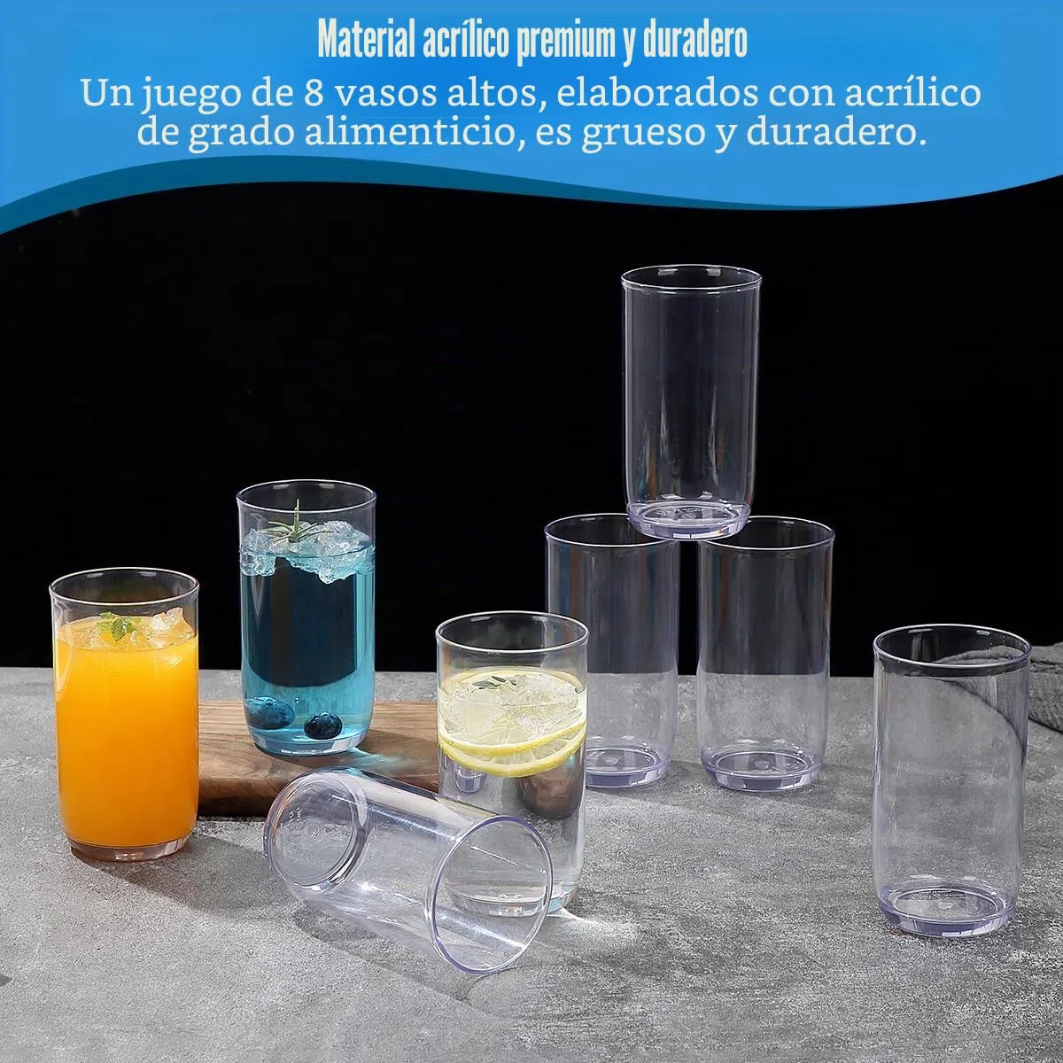 Berglander Juego de Vasos Highball de 8 Piezas, Vasos Collins para Beber de Plástico PET Transparente Alto de 420ml, Tazas de Agua Reutilizables, Vajilla de Bar Tumbler para Bebidas, Cerveza, Leche