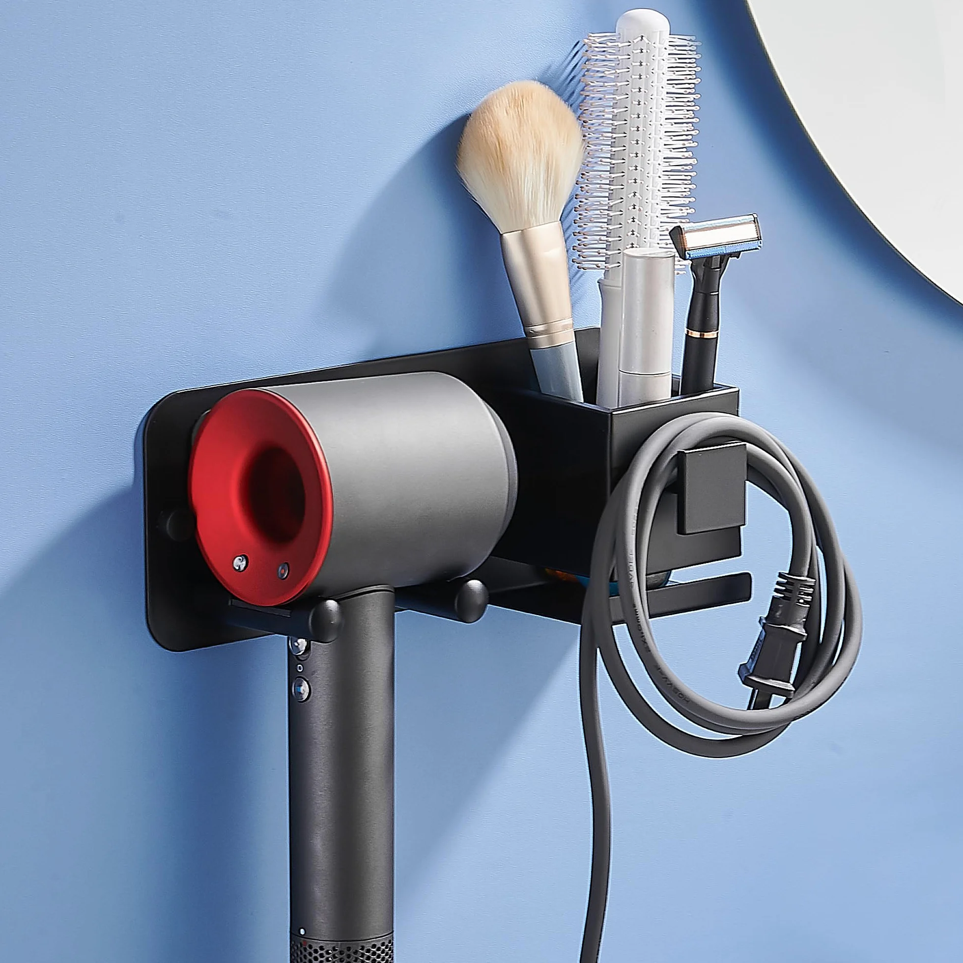 Soporte Secador de Pelo, Colgador para Secador Pelo sin Taladrar Autoadhesivo con Organizador de Cables y Estanteria para Utensilios Cabello (Negro)