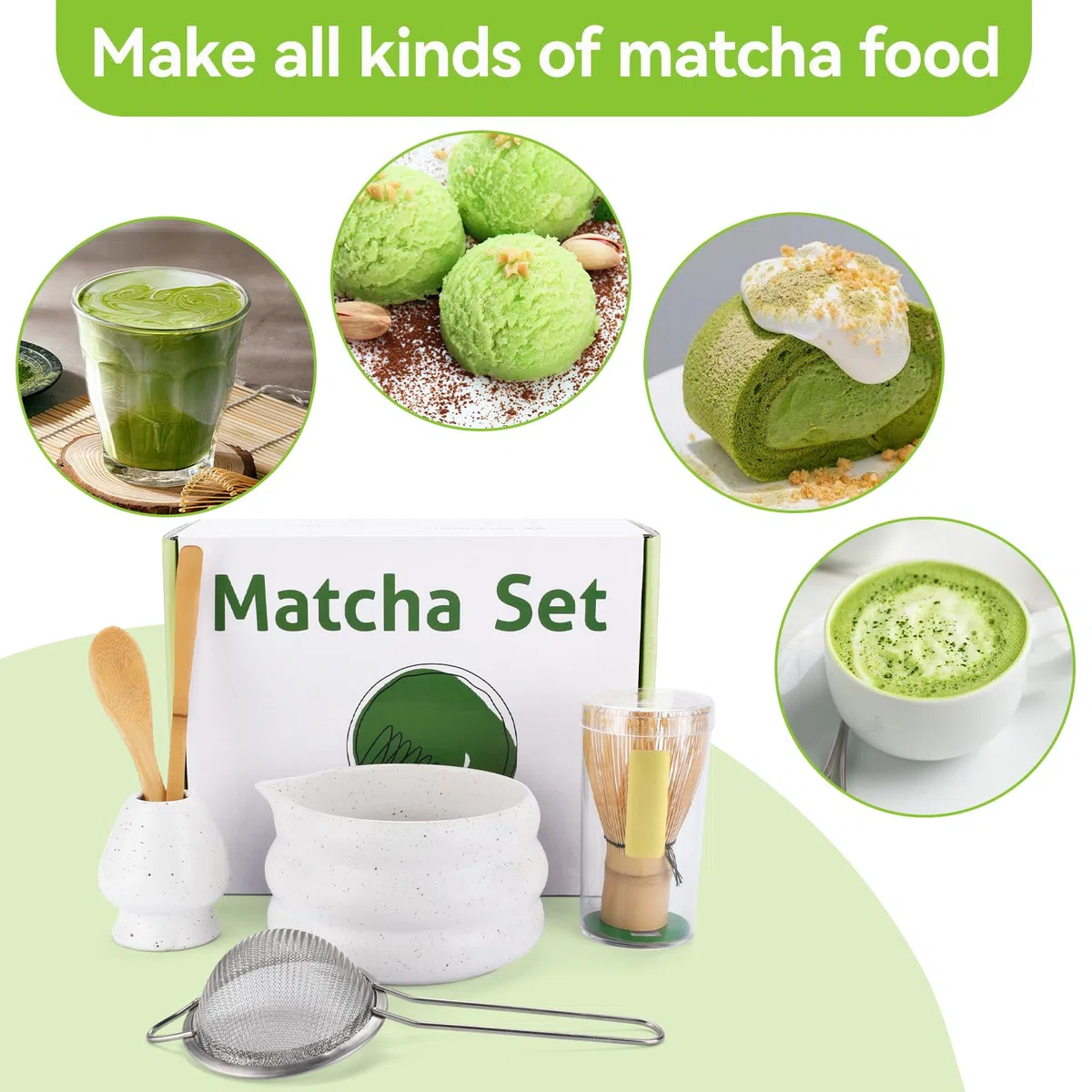 7 piezas Matcha Set,Te Matcha Kit con Cuenco de Matcha,Batidor de Bambú,Soporte para Batidor,Colador y Cuchara,Juego de Batidor de Matcha para Preparar Matcha y Ceremonias del Té