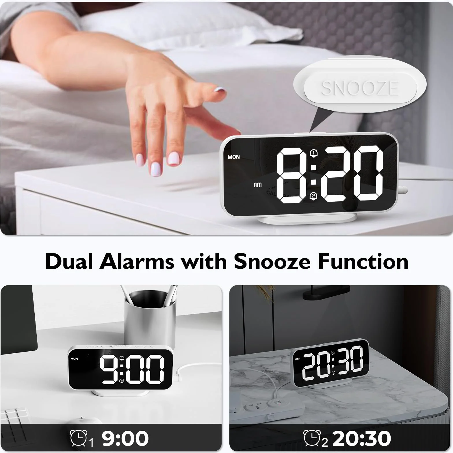 Despertador Digital Pantalla LED Espejo Clara Grande Alimentación por Cable USB Eléctrico, Reloj Despertador Digital Brillo Regulable con Snooze, 2 Puertos de Carga USB, Incluye Adaptador