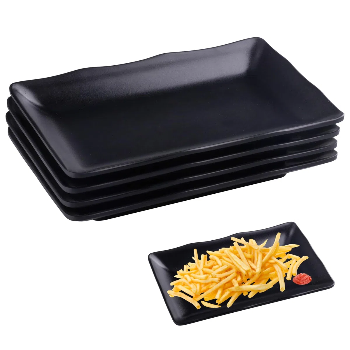 4 Piezas Platos Llanos Rectangulares, Postre Color Negro Mate Bandeja para Bocadillos, Pasteles, Ensaladas, Carne, Sushi, 20.2 x 12.5 x 2.3 cm