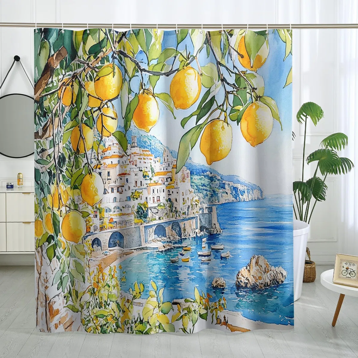 Cortina de ducha de limón, cortina de ducha de acuarela amarilla cítrica para decoración de baño, estilo moderno costero, cortina de ducha de tela impermeable con ganchos, 72 x 78 pulgadas
