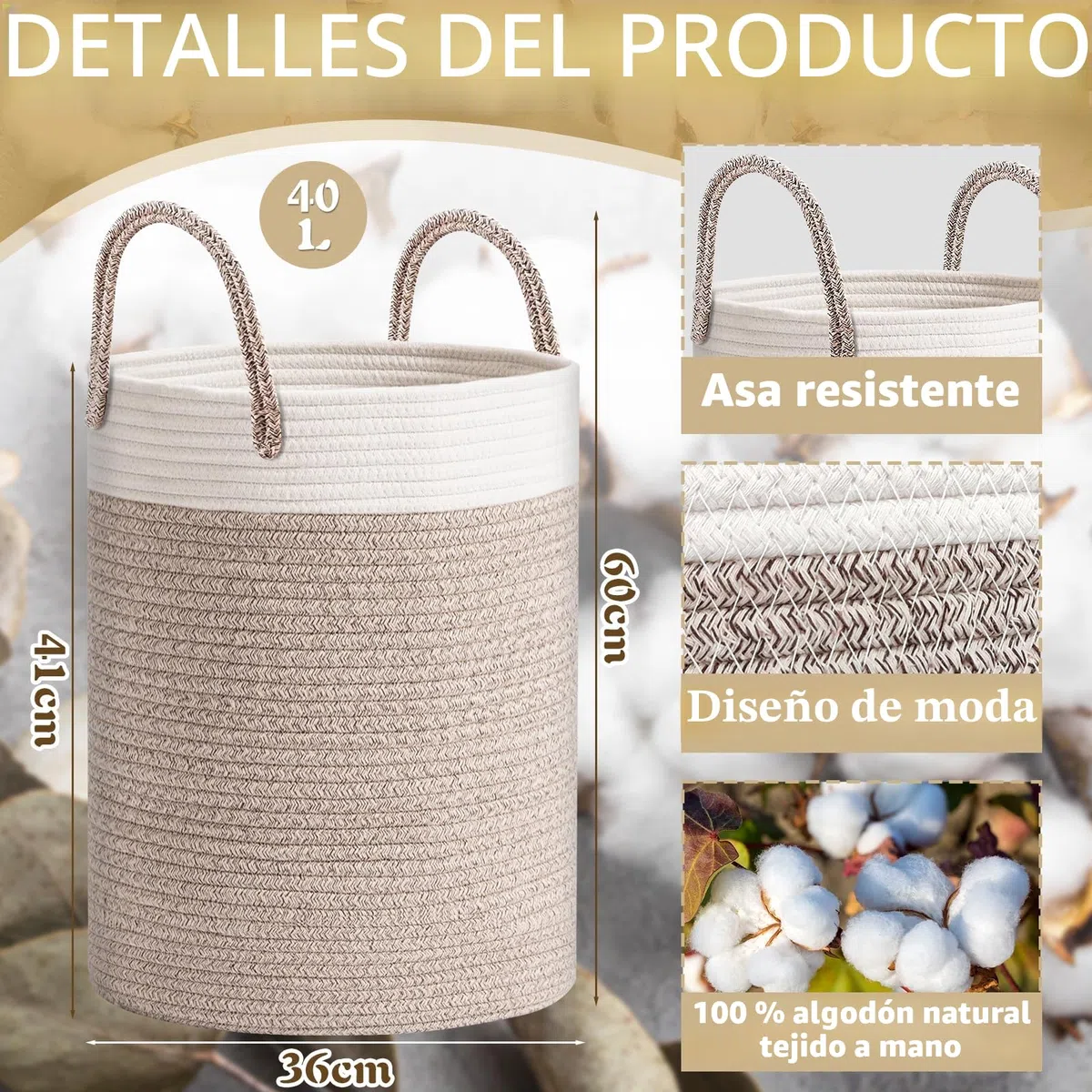 ZLPBAO XXL Cesto Ropa Sucia Trenzado de Algodón con Asa, 40L Cubo Ropa Sucia para Lavadero Habitación Infantil Salon Baño, Decorativas Cesta Para la Ropa Sucia para Almacenamiento