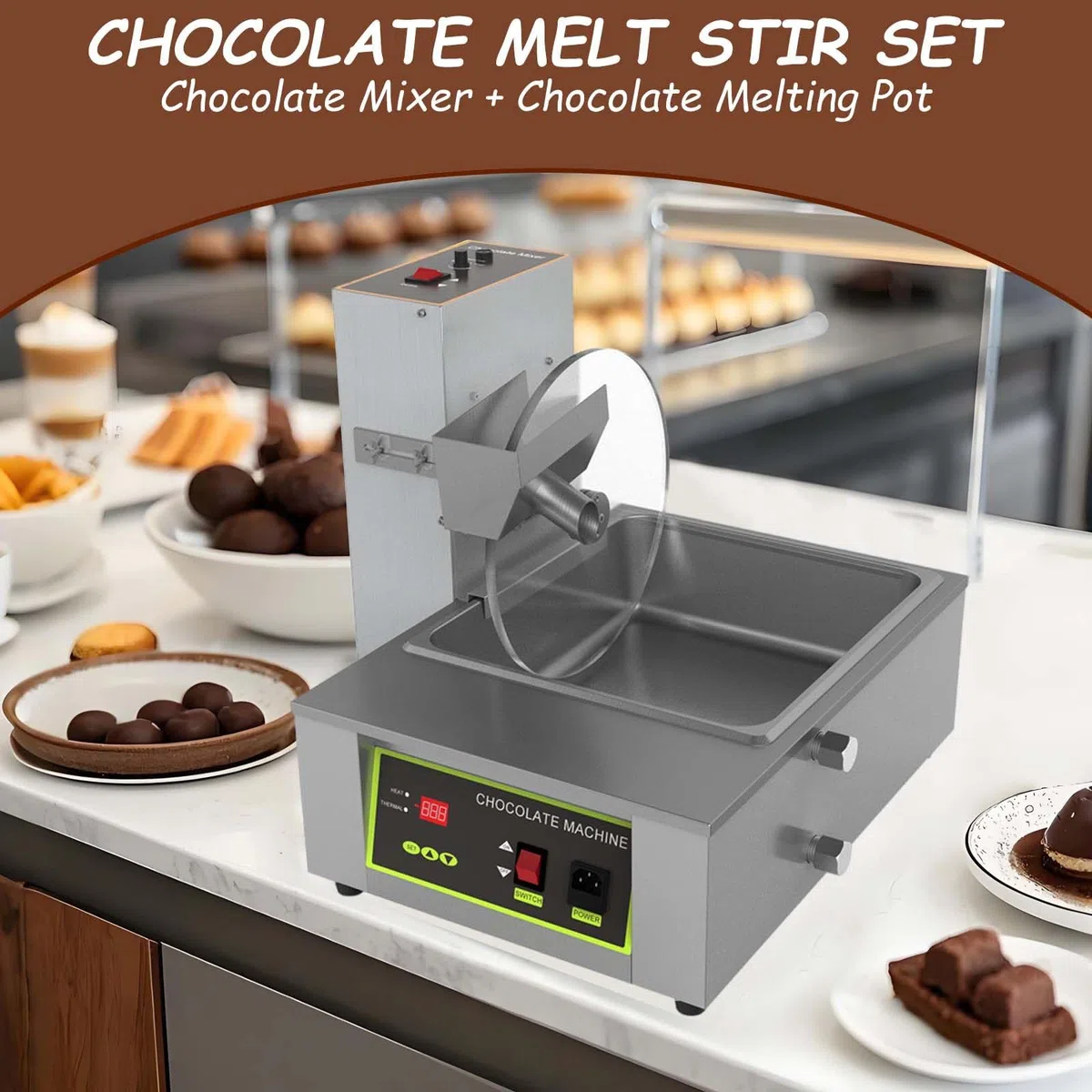 Horno de fusión de chocolate de acero inoxidable con rueda mezcladora y tanques extraíbles para cafeterías y chocolaterías, ideal para fundir y mezclar chocolates