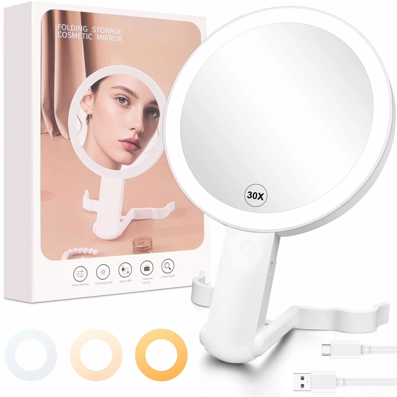 AUAUY Espejo Maquillaje con Luz, Aumento 30X/1X, Espejo Espelho Maquilhagem Portátil, 3 Modos de y Brillo Ajustable, Colgar Pared de Mesa Mano Portátil, para Dormitorio, Tocador, Viajes - Blanco