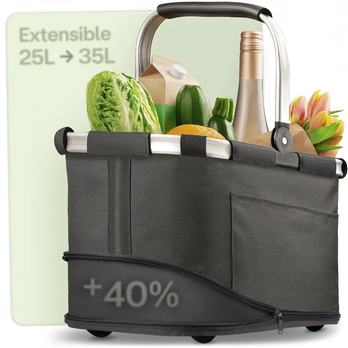 Praknu Cesta de La Compra Plegable Grande – 2 en 1 Expandible de 25L a 35L – Tejido Lavable – Estable con Marco de Aluminio y Base Reforzada – Bolsillos Extra Interiores y Exteriores – Negro
